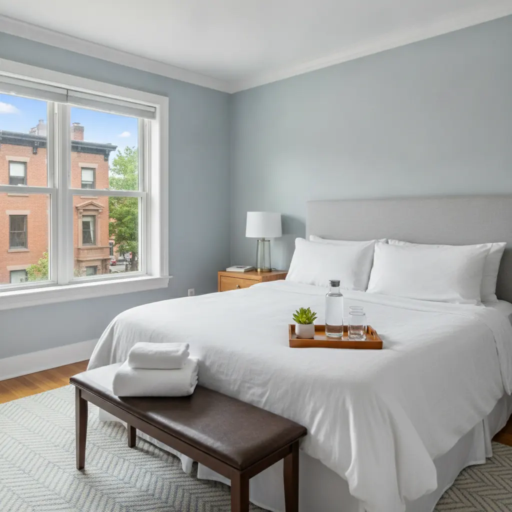 Quarto de hóspedes recém-arrumado em um aluguel de temporada em Boston, pronto para o próximo check-in