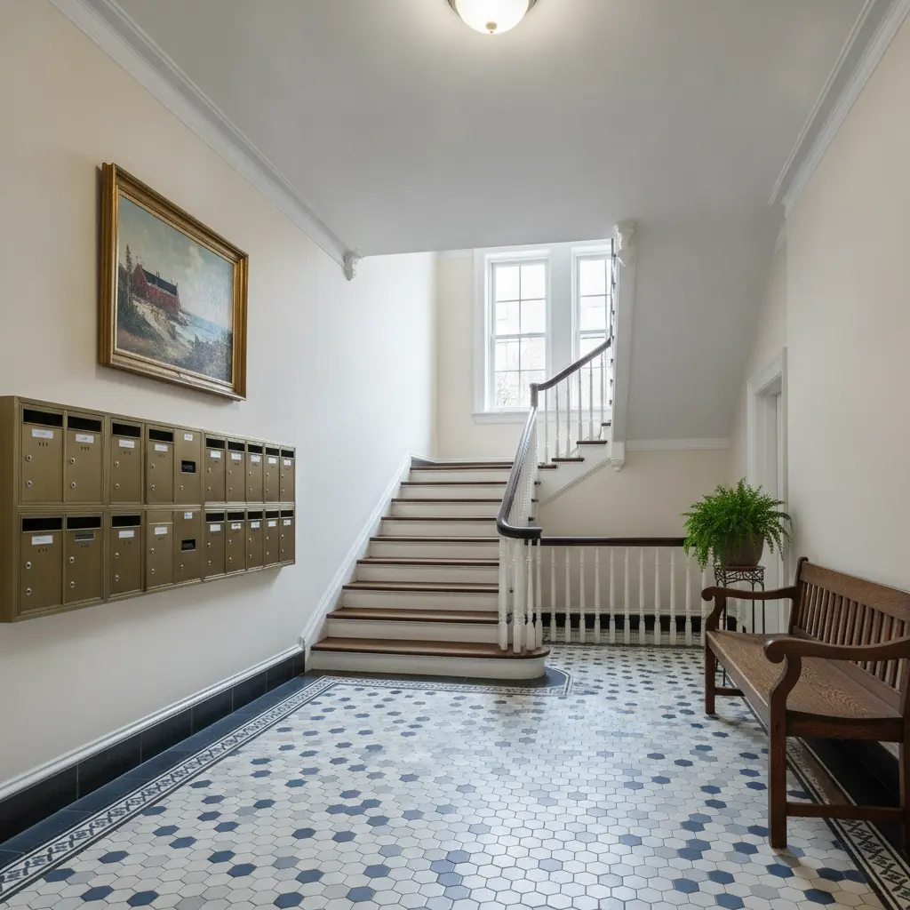 Escada de madeira e corrimão limpos no corredor comum de um prédio de apartamentos em Boston