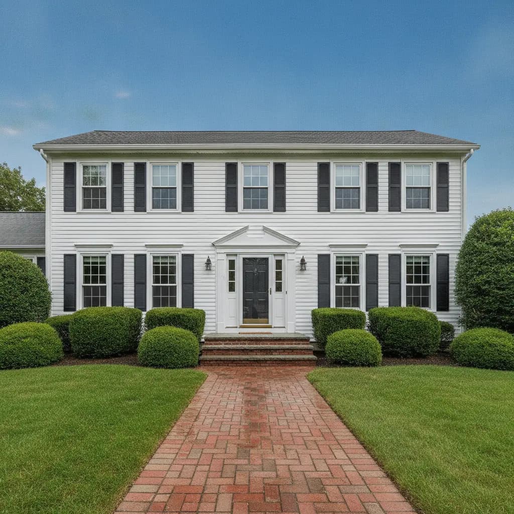 Freshly pressure-washed brick walkway in front of a New England colonial