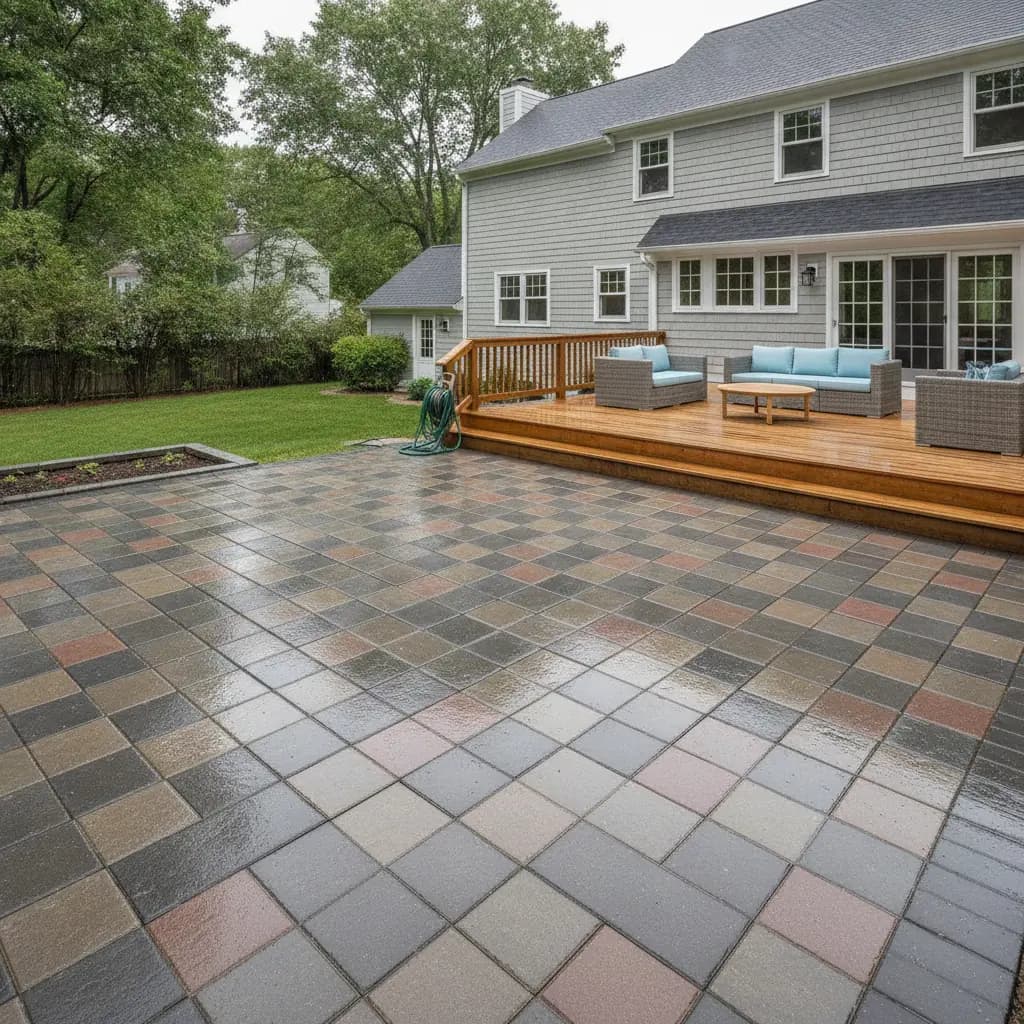 Wet, freshly pressure-washed paver patio behind a Massachusetts home